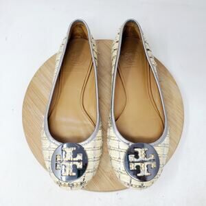Tory Burch Reva Womens 7 Reva Raffia Woven Straw Ballet Flat Slip On Shoe WORN